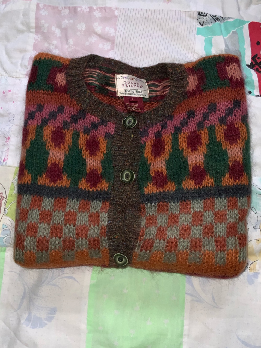 vintage‎ 1990 susan bristol mohair wool hand knit sweater cardigan colour work L - Picture 5 of 9